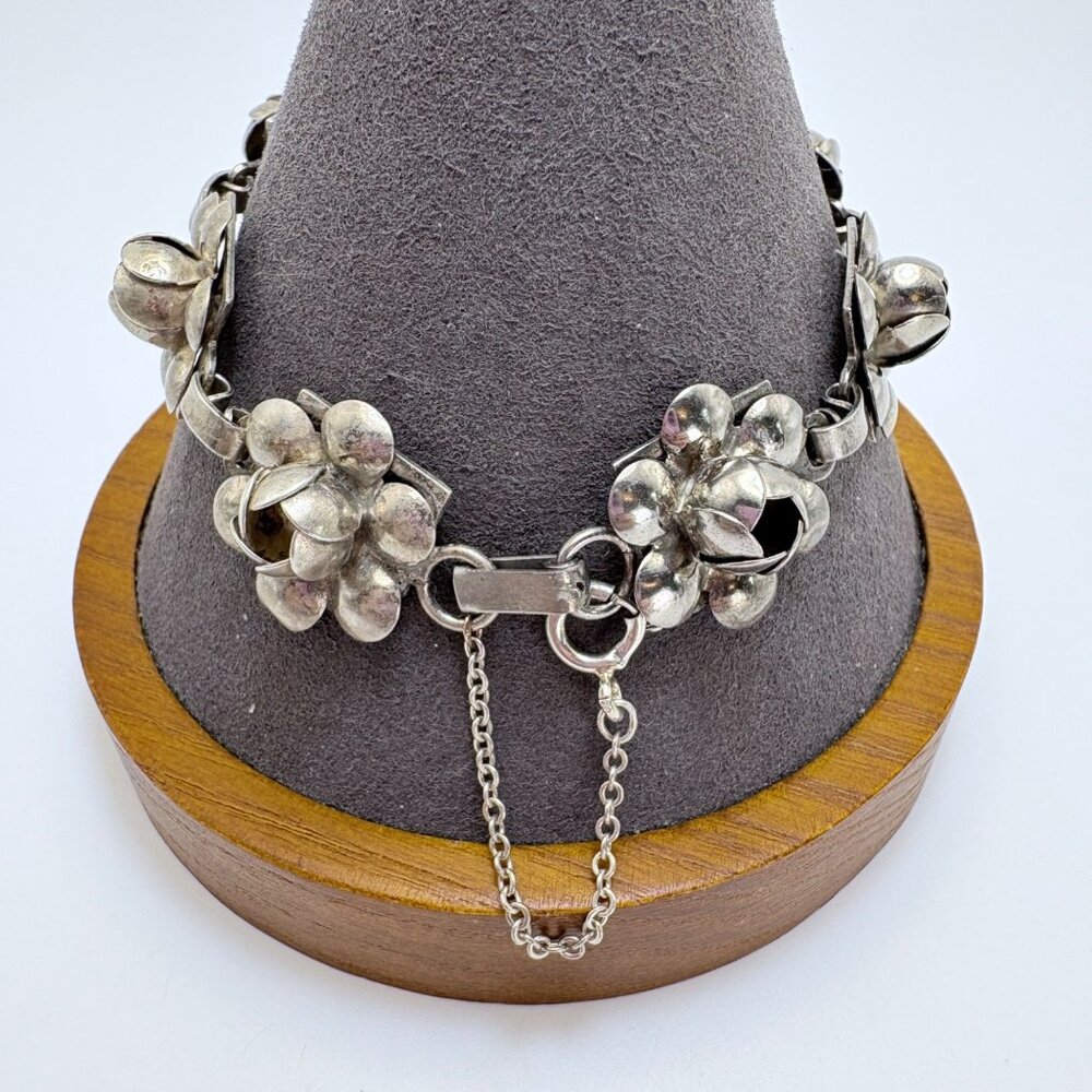 VTG Sterling Silver 925 Puffed Flower Design Link Bracelet Size 7.5" Length